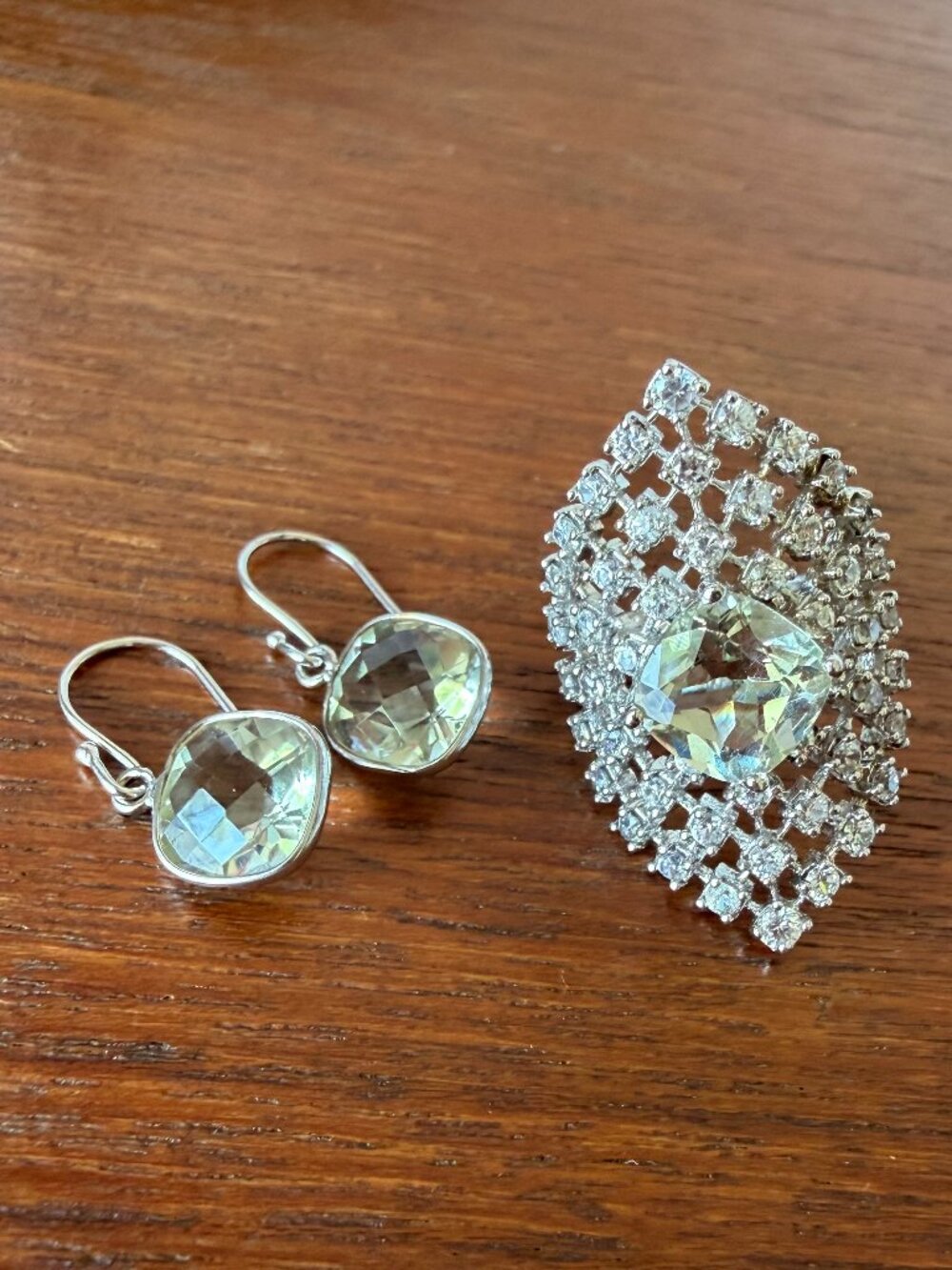 Rarities Carol Brodie Green Amethyst Prasiolite & White Zircon Ring & Earrings